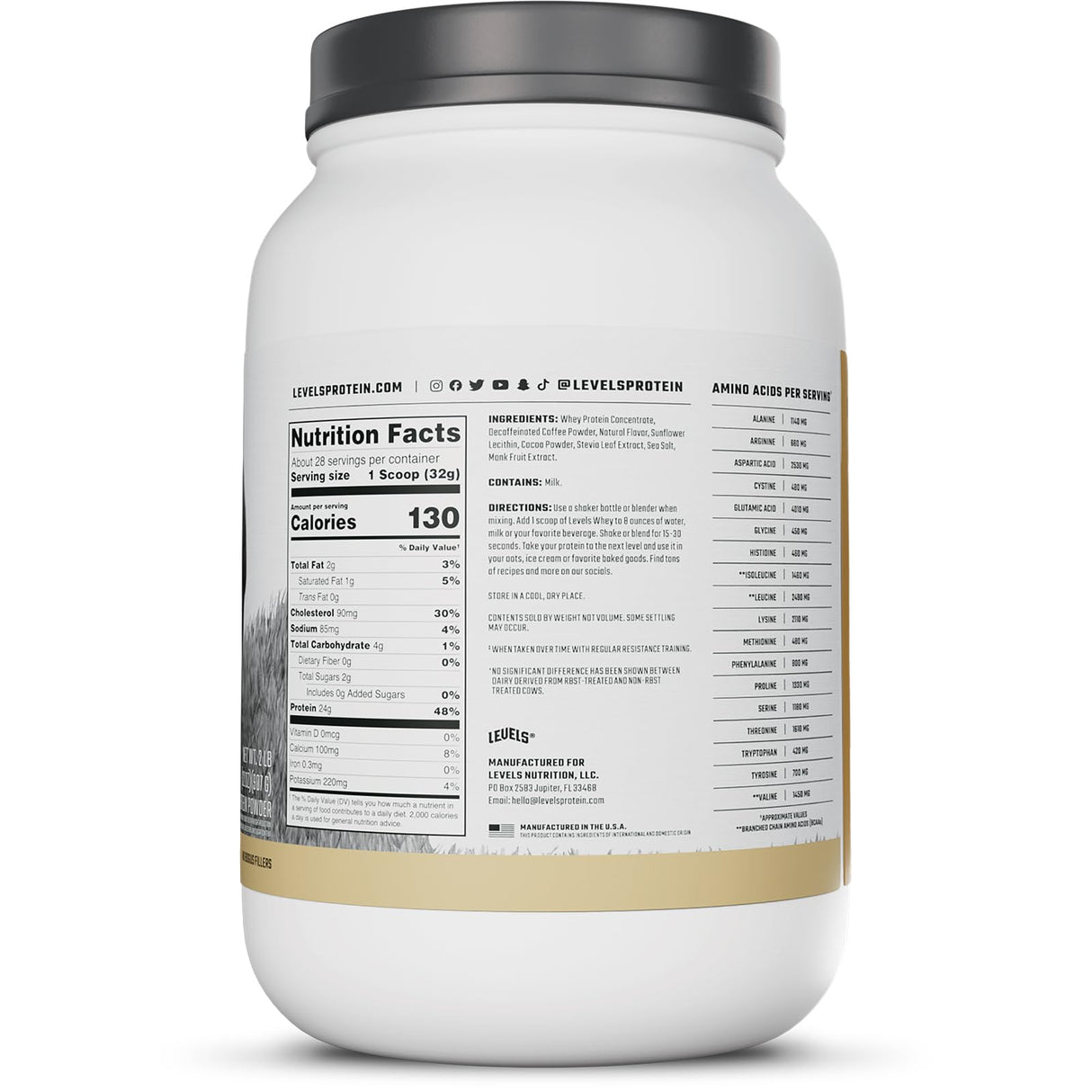 Levels Grass Fed Whey Protein Powder, No Artificials, 24G of Protein, Cappuccino, 2LB