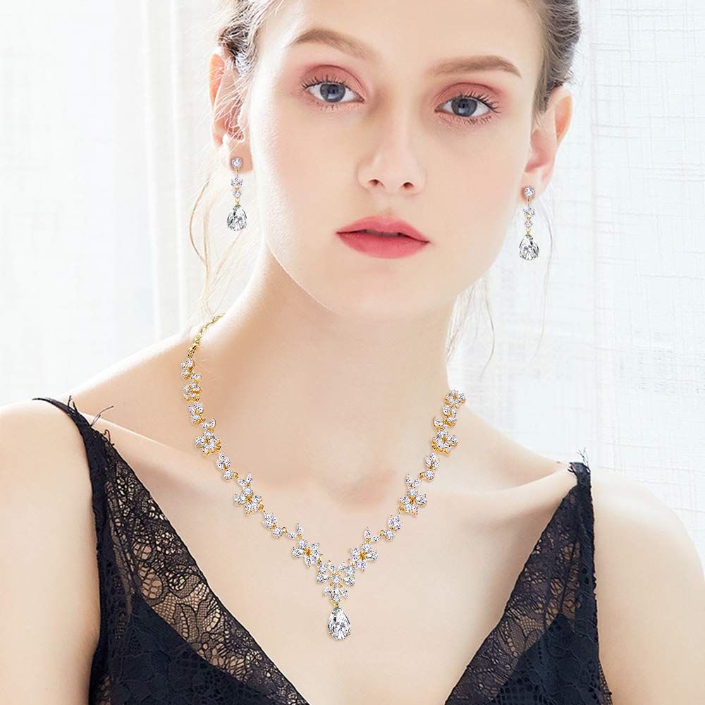Hadskiss Jewelry Set for Women, Necklace Dangle Earrings Bracelet Set with White Cubic Zirconia, 18K Gold Plated Wedding Party Jewelry for Bridal Bridesmaid