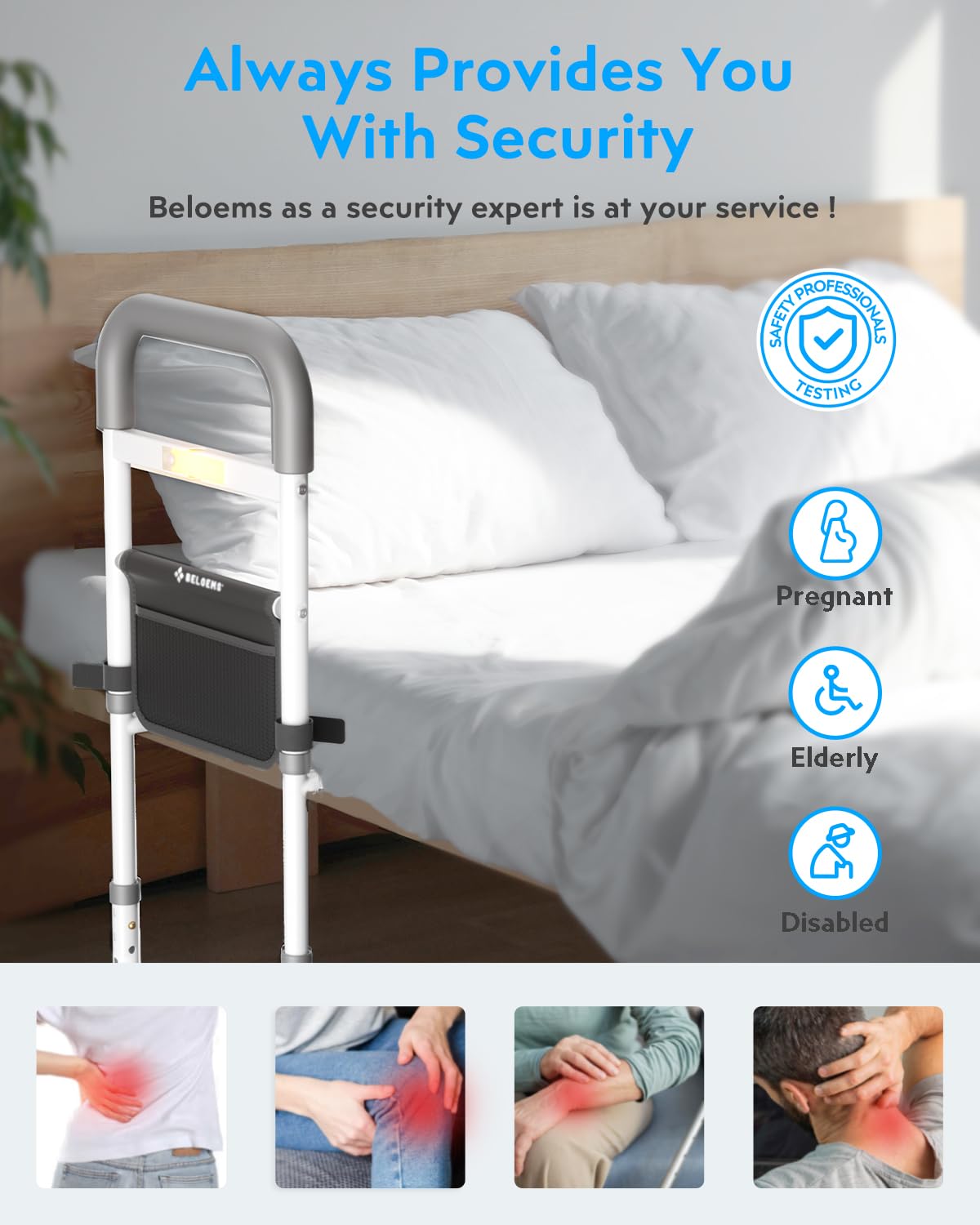 Bed Rails Elderly Adults Safety: Side Assist Grab Bar Handrails for Seniors with Motion Sensor LED Light Pouch - Adjustable Bed Cane Portable Handle Bedside Railing - Fits Twin Full Queen King Grey