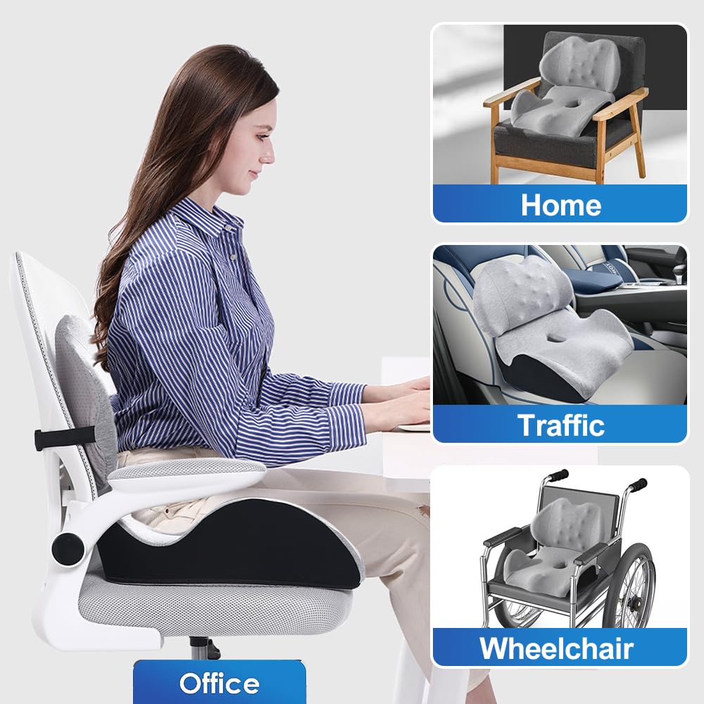 X Large Memory Foam Seat Cushion Lumbar Support Pillow for Sciatica & Tailbone Pressure Relief Coccyx Pad for Office Chair, Car,Wheelchair,Home,Office