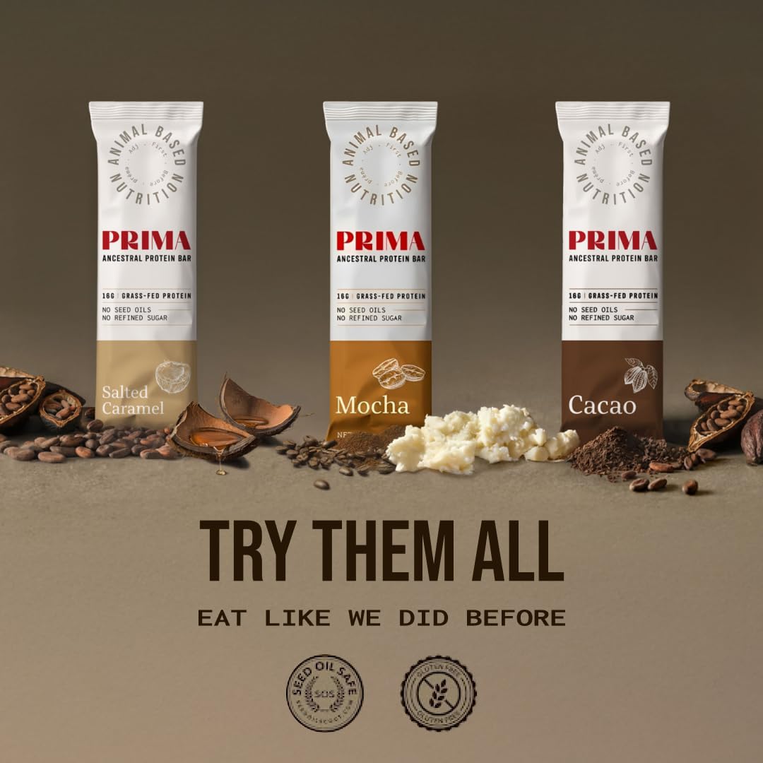 PRIMA ANCESTRAL PROTEIN BAR Grass Fed Protein Bars, 7 Pack – Animal-Based Protein Bar with Beef Tallow, Raw Honey, Seed Oil Free, Low Carb, Gluten-Free – Healthy, Energy Snacks for Clean Lifestyle (7 Pack, Variety Pack)