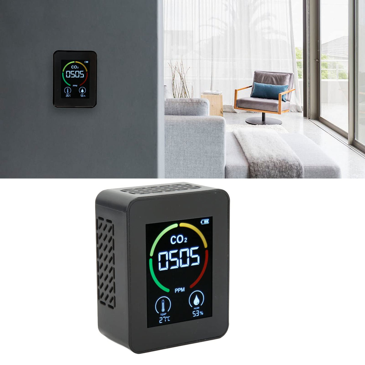 Carbon Dioxide Monitor, Infrared Sensor Ventilation Hole Temperature Humidity Testing Good Heat Dissipation CO2 Detector for Schools (Black)