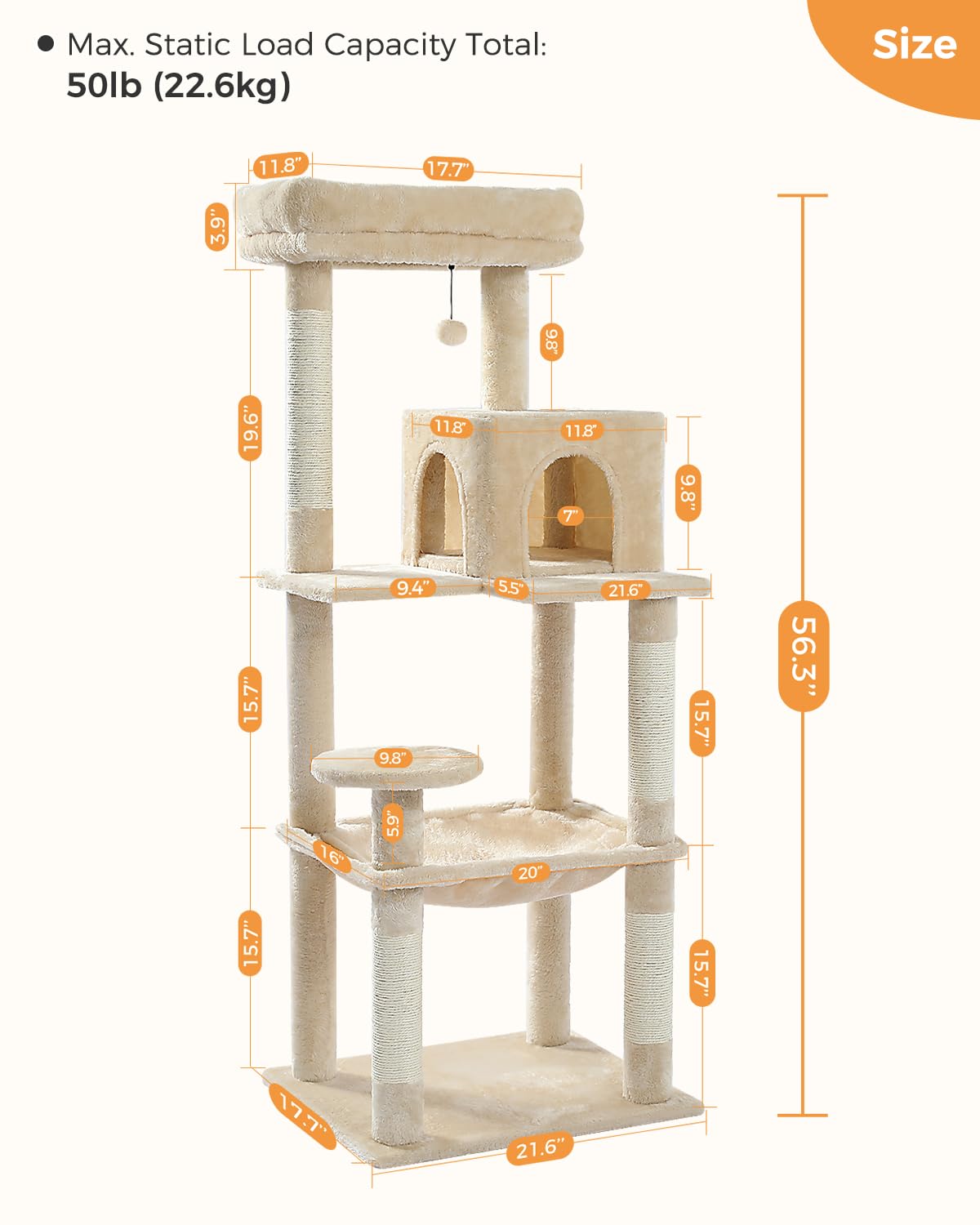 MUTTROS Cat Tree for Large Cats Adult with Metal Plush Big Hammock, 56.3" Cat Tower with 2 Door Condo House, 6-Tier Cat Shelves with Scratching Posts and Large Top Perch, Beige