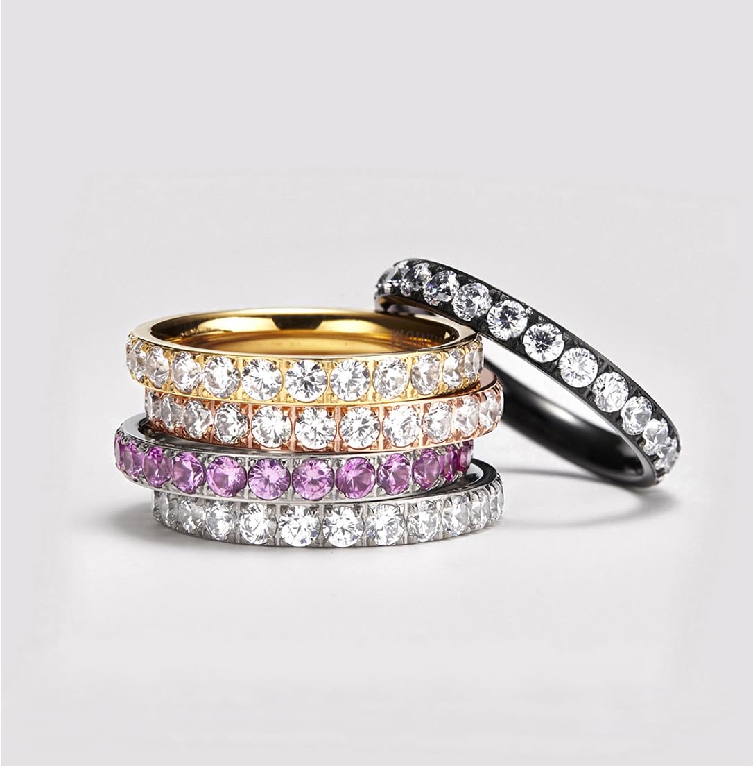 TIGRADE 3mm Women Titanium Engagement Ring Cubic Zirconia Eternity Wedding Band Size 3-13.5, Silver, Size 7.5