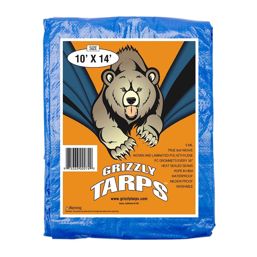 Grizzly Tarps by B-Air 10' x 14' Large Multi-Purpose Waterproof Heavy Duty Poly Tarp with Grommets Every 36", 8x8 Weave, 5 Mil Thick, for Home, Boats, Cars, Camping, Protective Cover, Blue