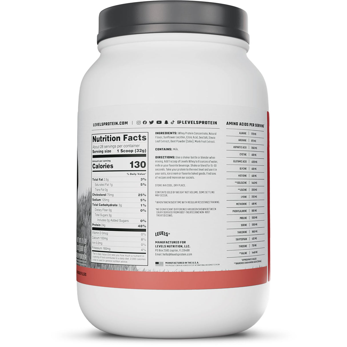 Levels Grass Fed Whey Protein Powder, No Artificials, 24G of Protein, Strawberry, 2LB