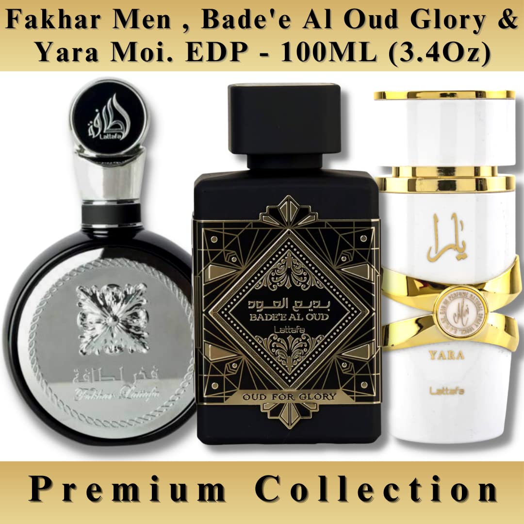 Lattafa Perfumes for Unisex 3 Piece Eau de Parfum Gift Set (Bade'e Al Oud Oud For Glory + Fakhar for Men + Yara Moi) 3.4 Ounce/100 ml each