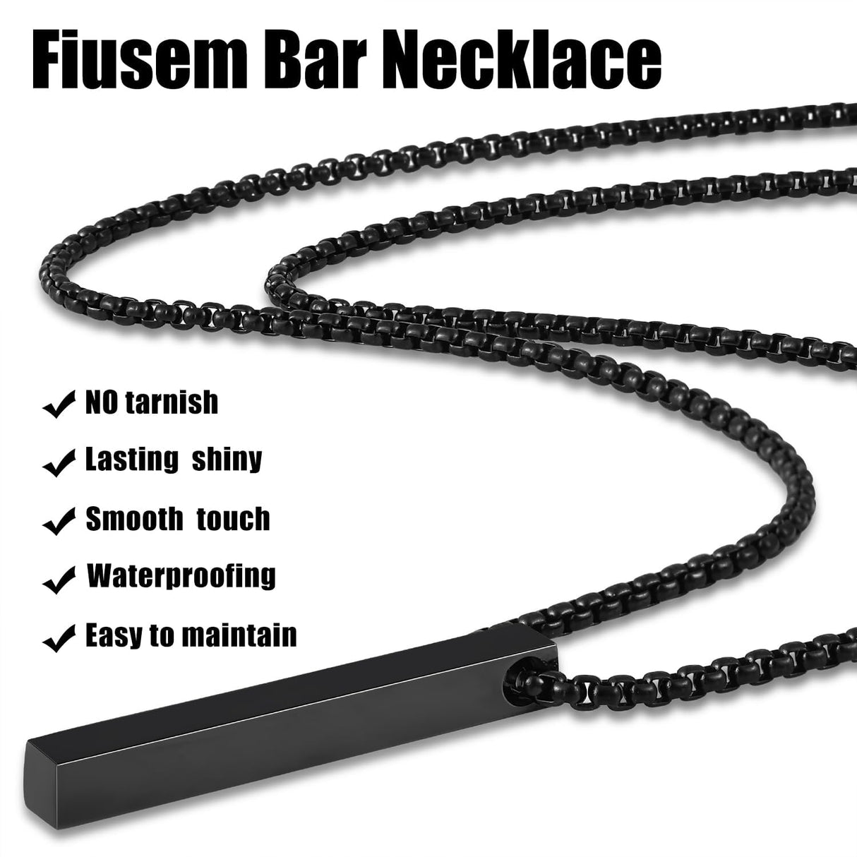Fiusem Black Pendant Necklace for Men, Rectangular Pierced Necklace 26Inch