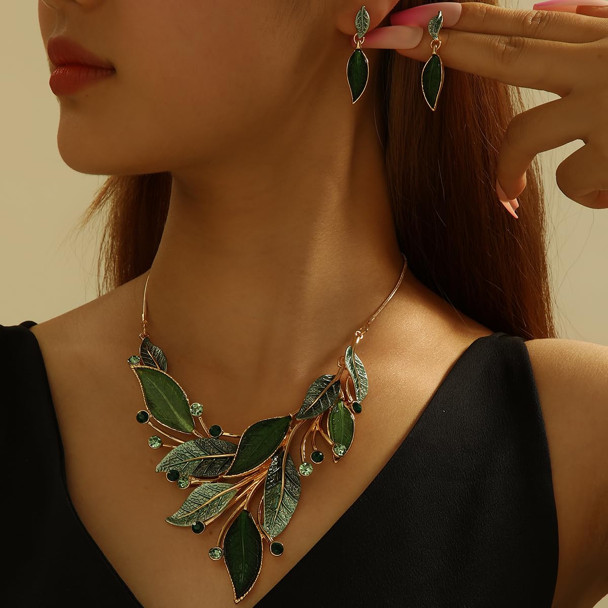 Mycitta Vintage Chunky Statement Jewelry Set 14k Gold Plated Retro Spring Green Leaf Floral Bohemian Boho Bib Necklace Earring Set Fashion Jewelry for Women Wedding Party Prom Unique Gift