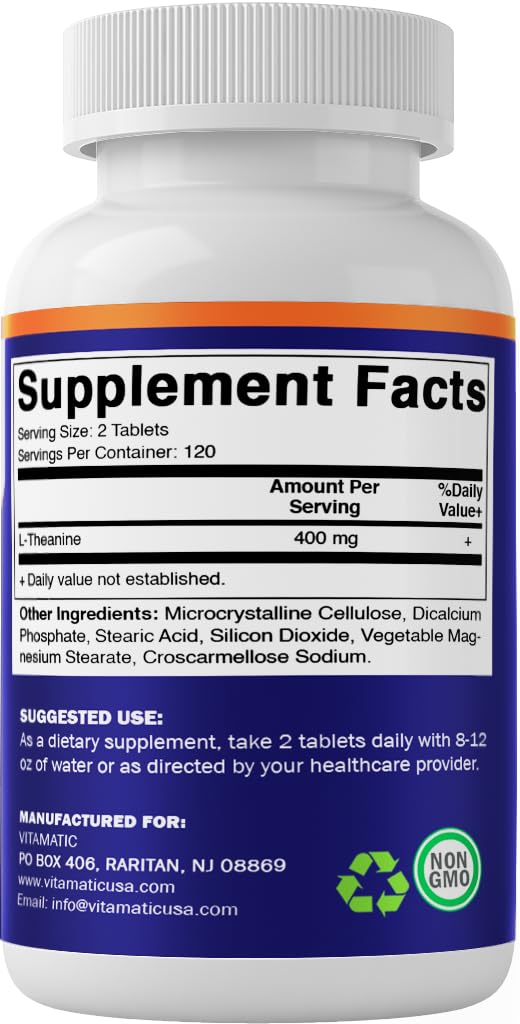 Vitamatic L-Theanine Supplement 400mg per Serving - 240 Tablets - Non-GMO, Gluten Free