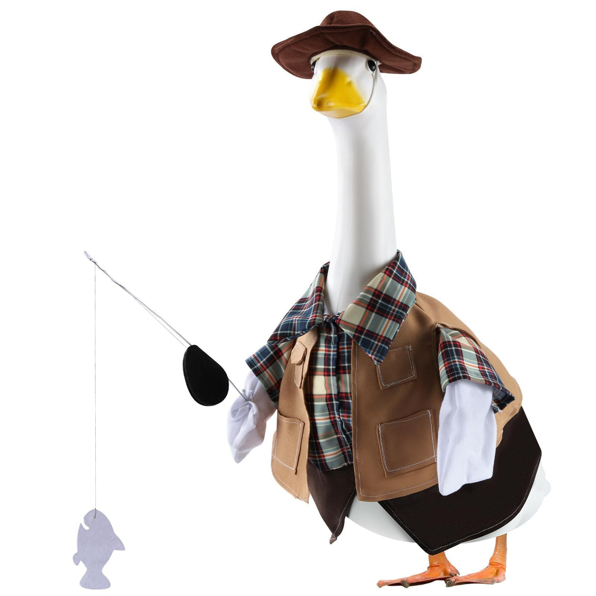 EKOREST Fishing Porch Goose Outfits for 23 Inch Lawn Statue, Fisherman Costume for Plastic/Cement Statue, Duck Sculpture Clothes for Spring Summer Yard Patio Party Decoration