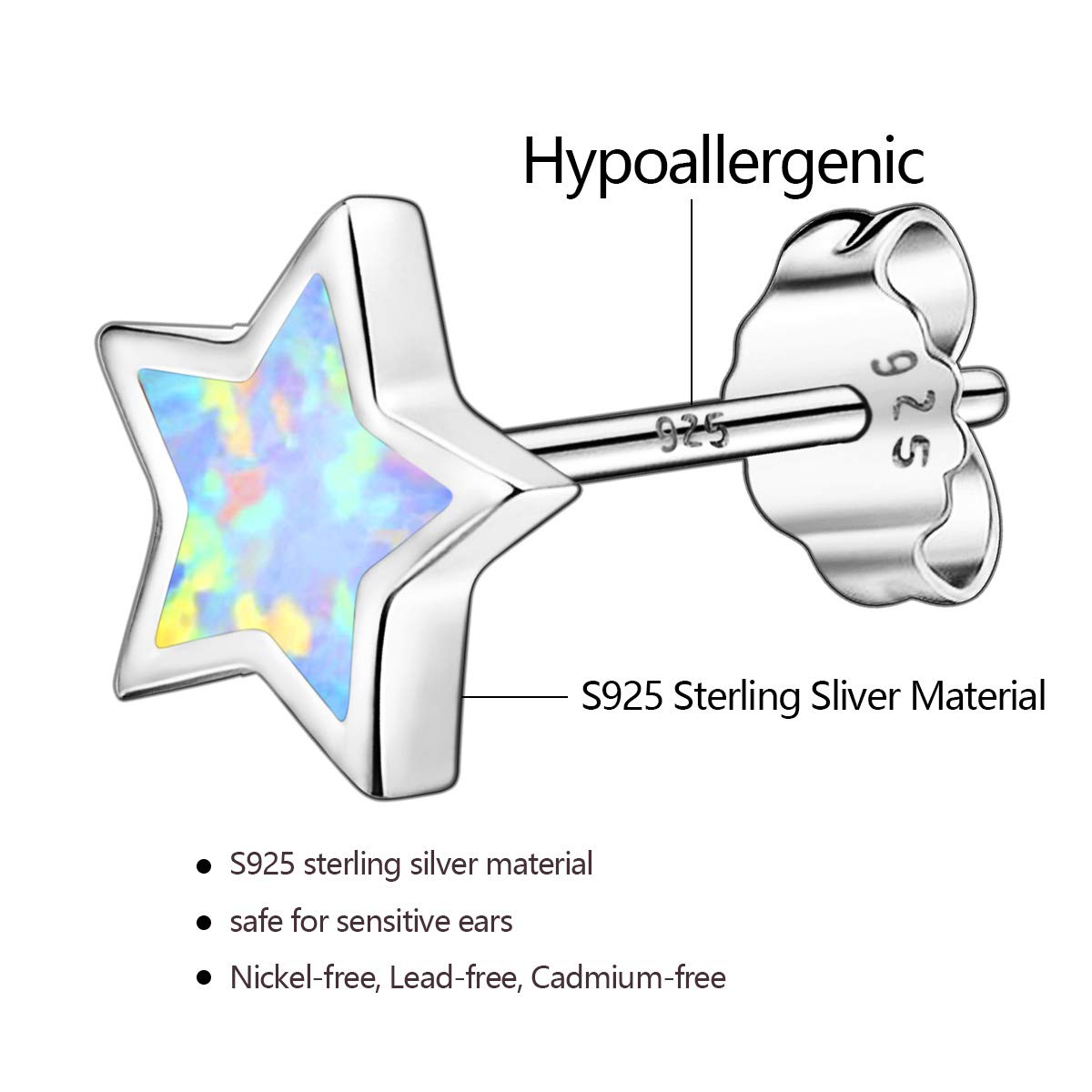 Hypoallergenic Star Girls Earrings, S925 Sterling Silver Post Fire Opal Stud Earrings For Women ARSKRO Tiny Little Small Cute Earring Jewelry Gifts for Kids Sensitive Ears