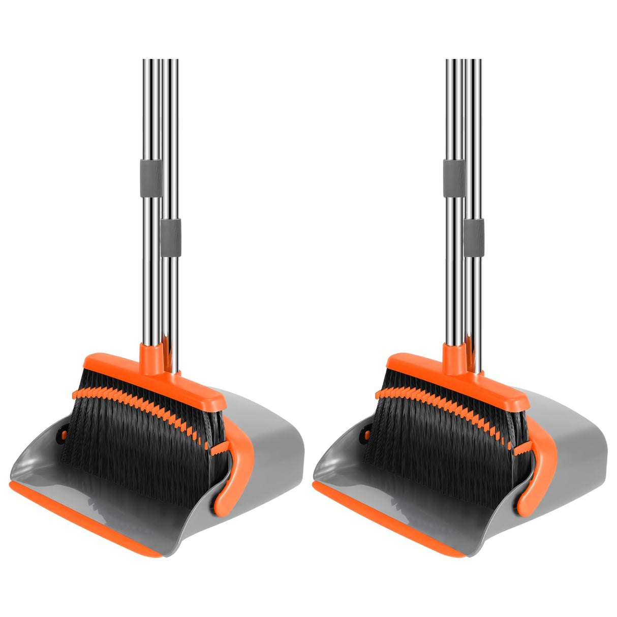 NACENA Broom and Dustpan Set, 52-in Long Adjustable Handle Broom Dustpan Combo with Dustpan Teeth to Automatically Clean Hair Suitable for Home Kitchen Office Hall Floor (Grey&Orange), 2 Pack