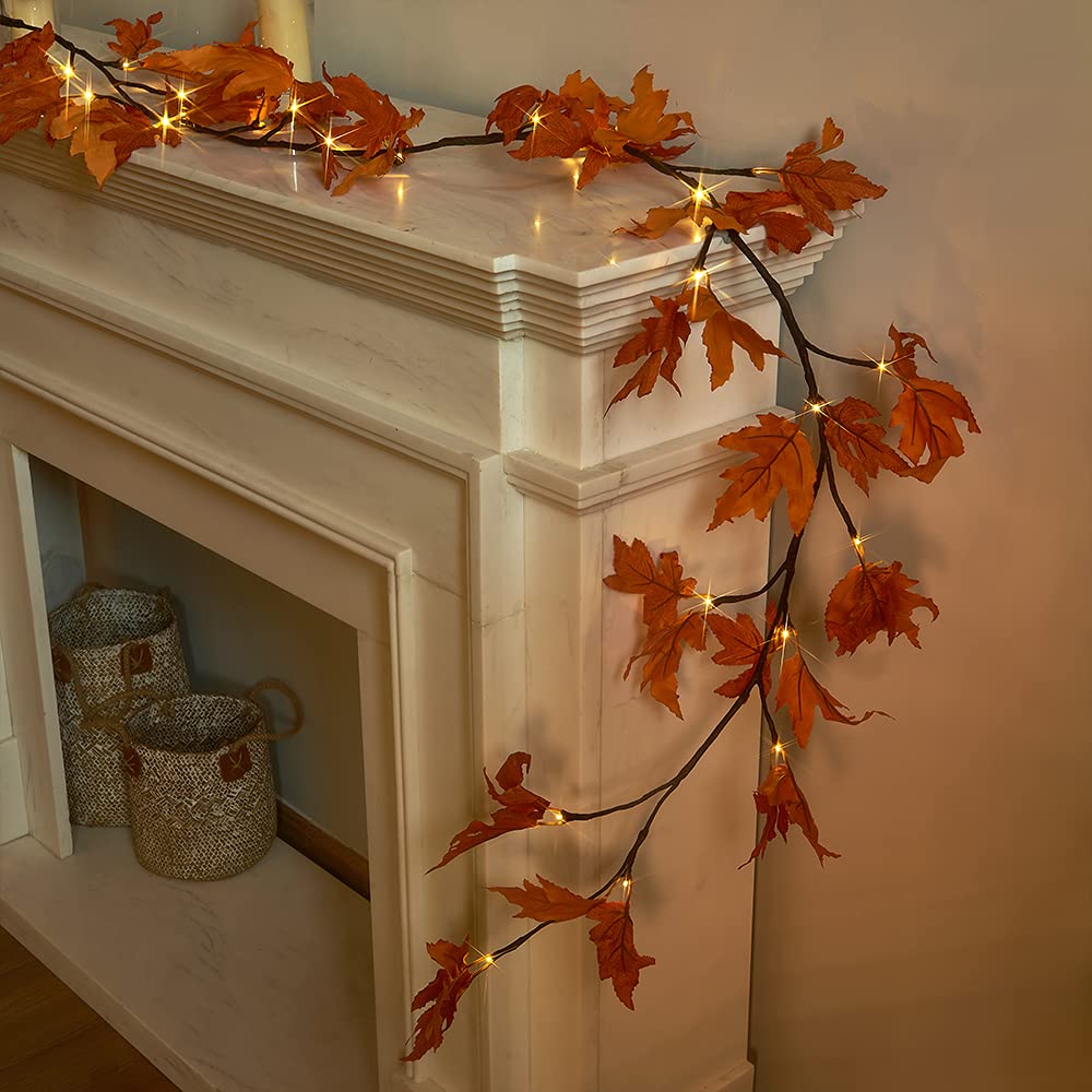 Hairui Lighted Maple Leaf Garland with Timer 6FT 24 Warm White LED, Fall Garland with Lights Battery Operated for Thanksgiving Harvest Christmas Wedding Decoration Indoor Outdoor