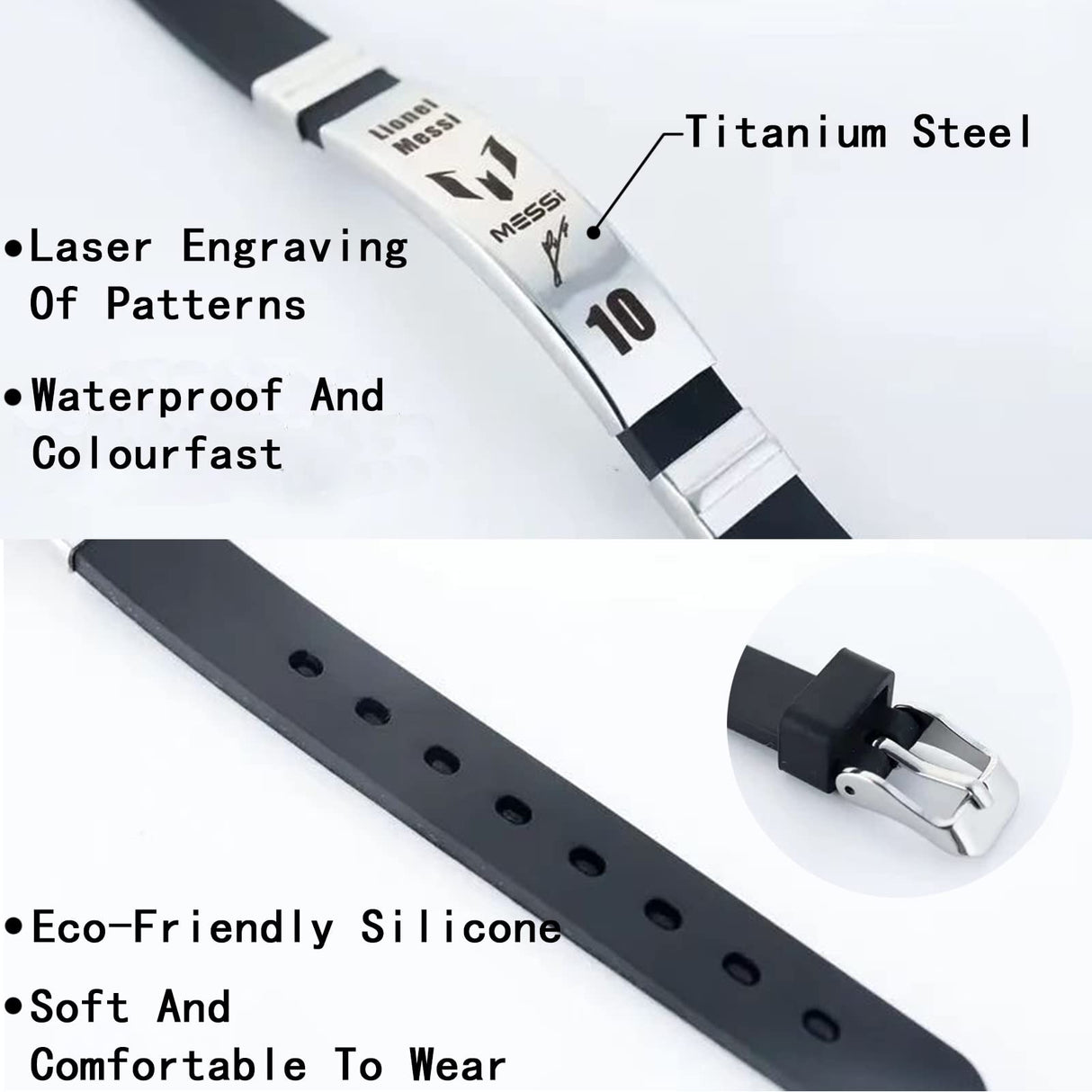 Skaisa Lionel Me-ssi signature wristbands Football bracelet, Waterproof sports rubber bracelets, Rubber wristbands, Me-ssi Memorial Collection Gift Box(black)