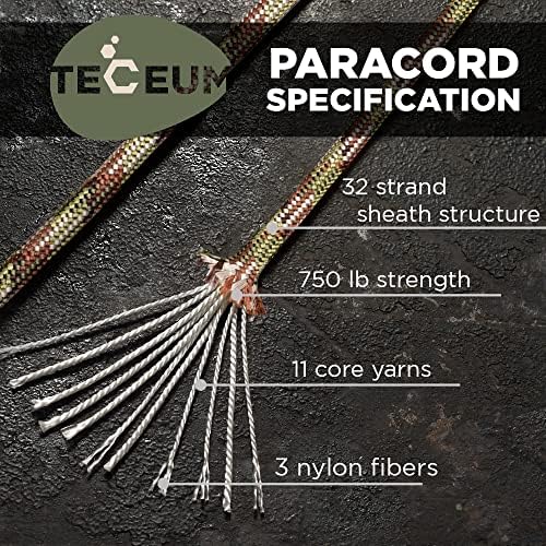 TECEUM 5/32" Paracord Rope 1000 – 1000ft / 200ft / 100ft / 50ft – Tactical Parachute Cord 4mm – 45+ Colors – Nylon String for Survival & Camping Gear – Stripe Cord for Survival – Utility Rope