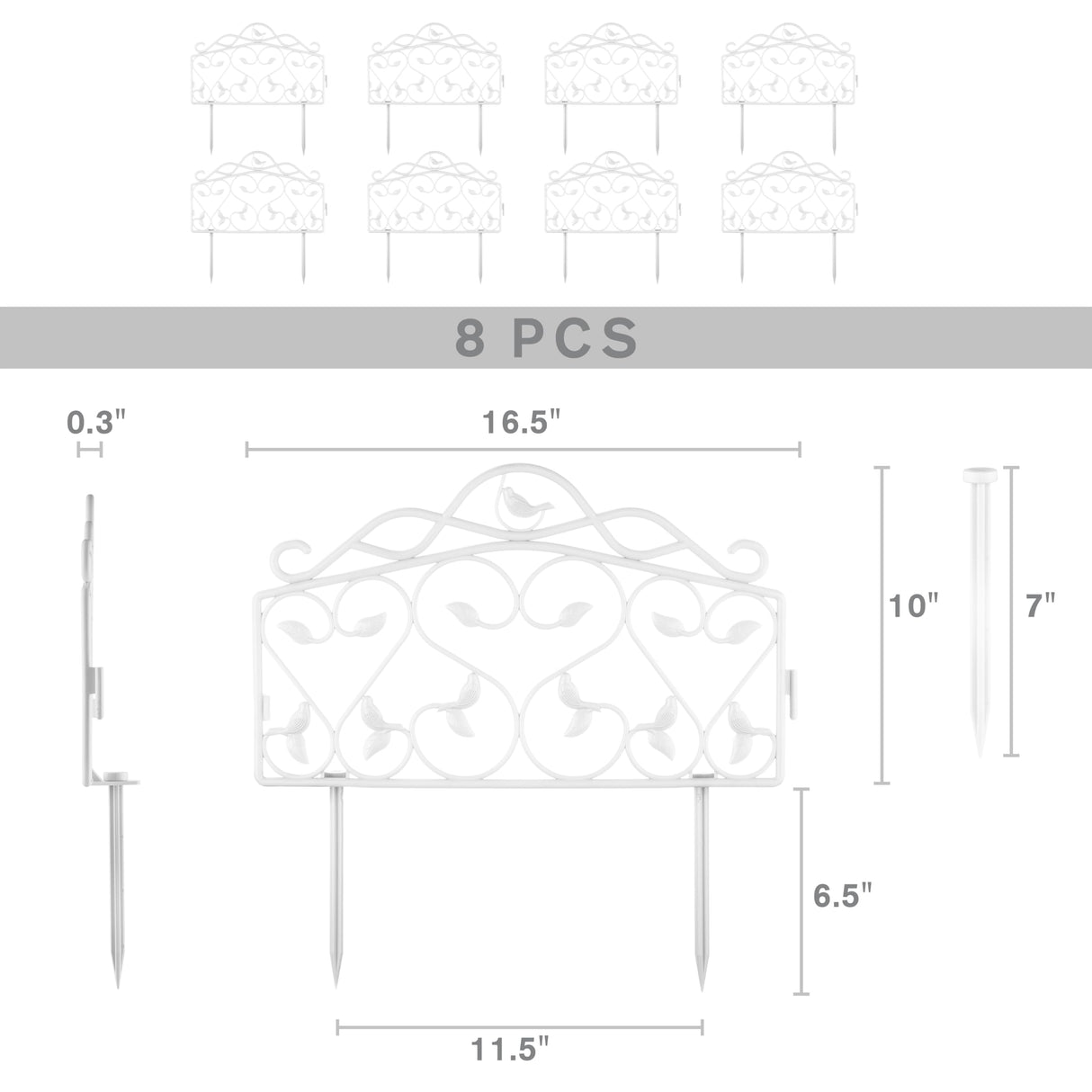 Evelyne Decorative Garden Border Plastic Edging – PP Plastic, Short Metal-Free Faux Wrought Iron Leaf & Bird Design, 8pcs Yard Landscaping Fence Liner Lawn Edge Barrier, 10ft Kit of Decorative Panels