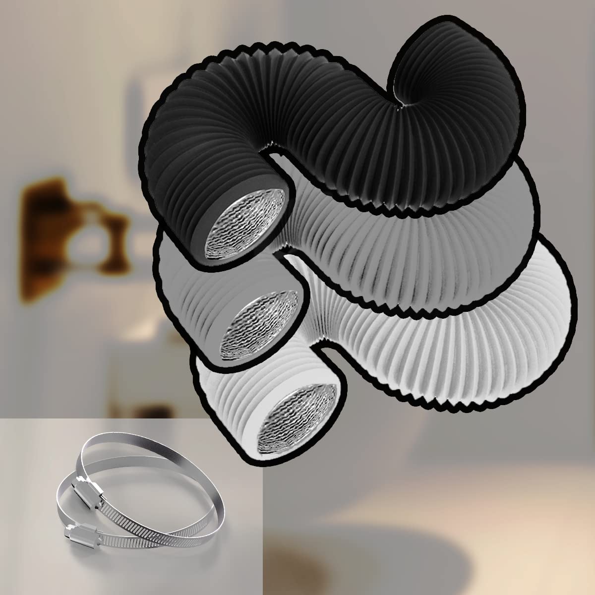 TEAIERXY 4 Inch 16FT Dryer Vent Hose,Flexible Insulated Air Ducting,Vent Hose PVC Aluminum Foil with 2 Clamps for HVAC Ventilation(Grey)