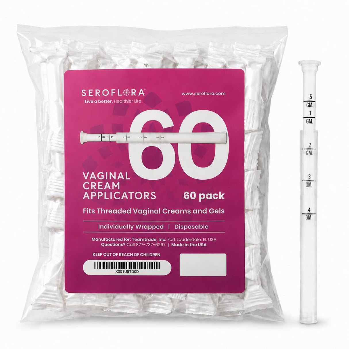 Seroflora Disposable Vaginal Cream Applicators - Fits Preseed, Premarin, Estrace, and Most OTC Gels, Lubricants, and Creams - Threaded End, Comfort Tip, and Dosage Markings (60 Pack) Made in USA.
