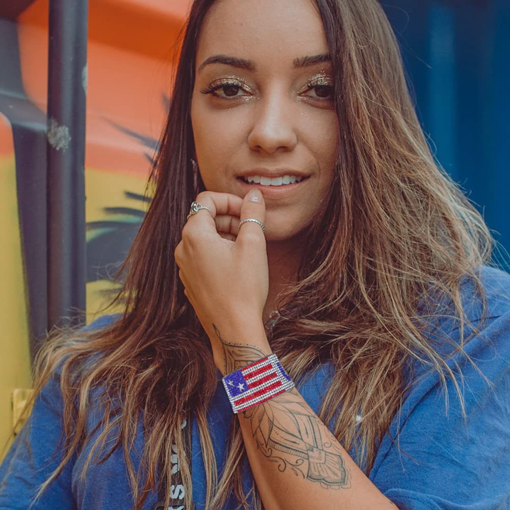 MADSION TYLER 4th of July Wrap Cuff Bracelets for Women | Red | Blue | White Patriotic USA Sparkling Full Rhinestone PU Leather Wrap Bracelet | Wristband Leather Wide Bracelet Gifts