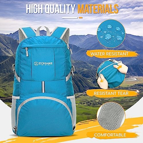 ZOMAKE Lightweight Packable Backpack 35L, Light Foldable Backpacks Water Resistant Collapsible Hiking Bag, Compact Folding Day Pack for Travel Camping(Light Blue)