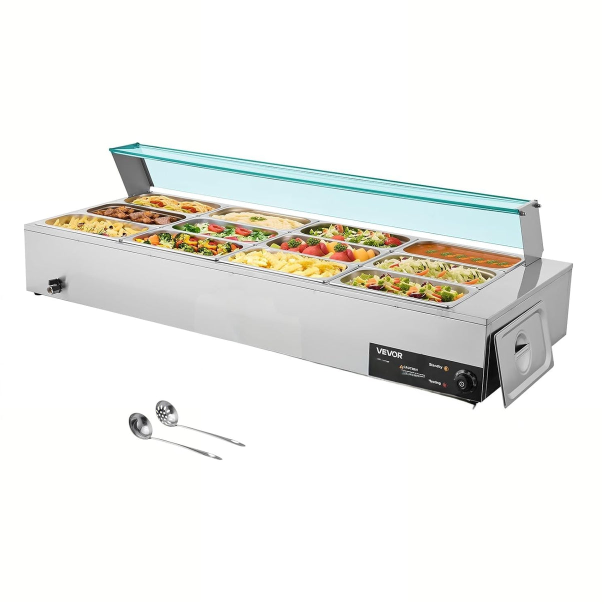 VEVOR Commercial Food Warmer, 1700W Electric Stainless Steel Steam Food Warmer with Glass Cover, 12-Pan Countertop Buffet Bain Marie with Soup & Perforated Ladles, for Catering, Restaurant & Party