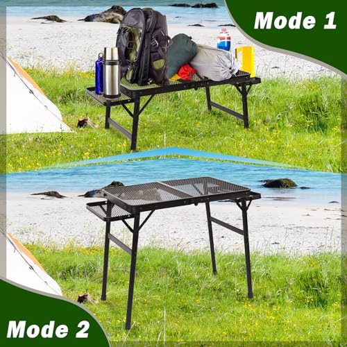 Grill Table Camping Table with 2 Wing Panels, Mesh Metal Folding Grill Table Height Adjustable & Lightweight & Portable Table for Outdoor Indoor Picnic, Camping, Beach and BBQ, RV