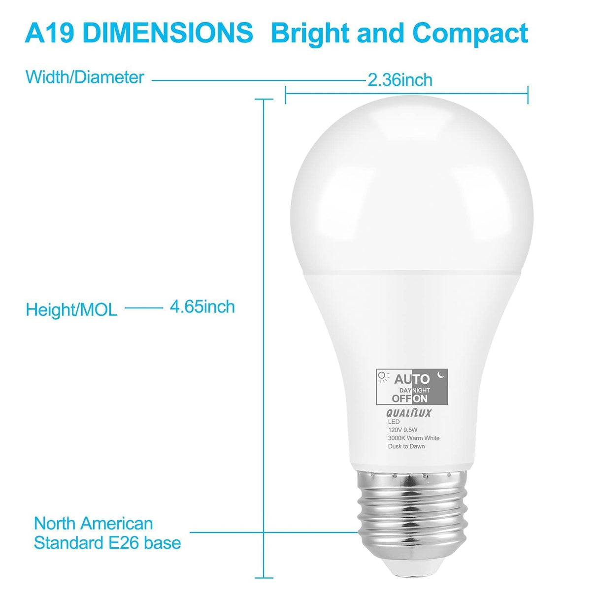 Qualilux Dusk to Dawn A19 LED Light Bulbs Outdoor, Automatic On/Off, 60W Equivalent, Warm White 3000K, Energy Efficient 9.5W, 850 Lumen, E26 Base, 4-Pack, HQ-H009