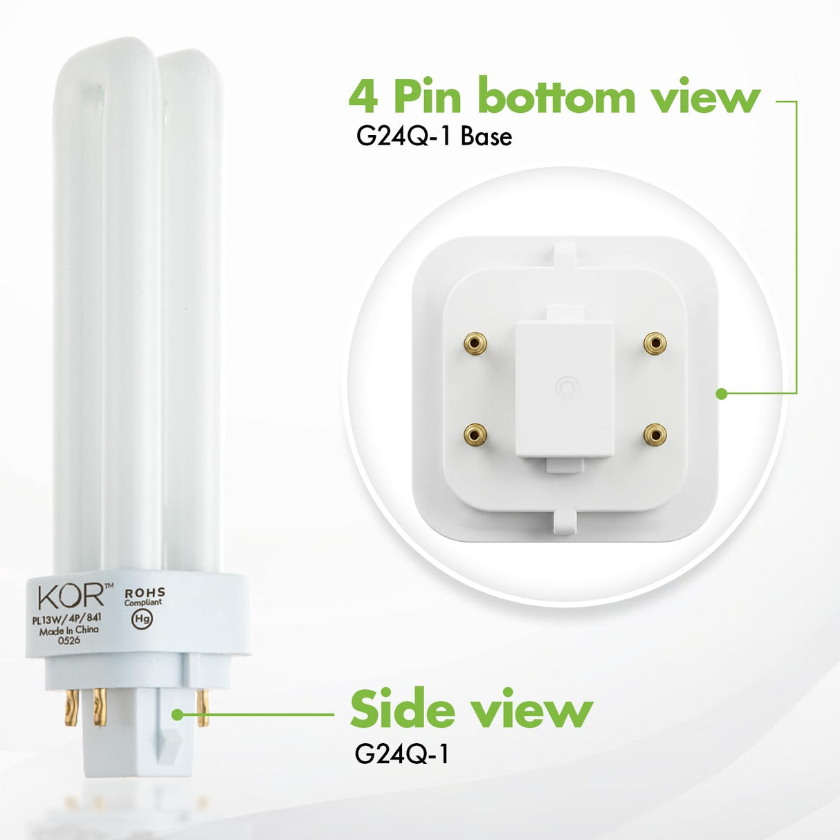 KOR 13W CFL Light Bulb, Double Tube, G24Q-1 4-Pin Base, 4100K Cool White – Pack of 4 (Replaces Philips, GE Models)