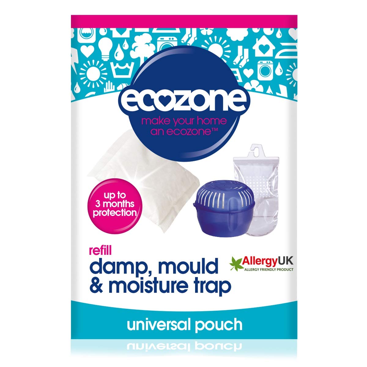 EcoZone Dehumidifier Refill Pouch, Damp, Mould & Moisture Absorber for Portable Re-Usable Device Trap, 3 Months Protection for Bedroom, Bathroom, Garage, Kitchen & Caravan, Vegan Friendly (Single)