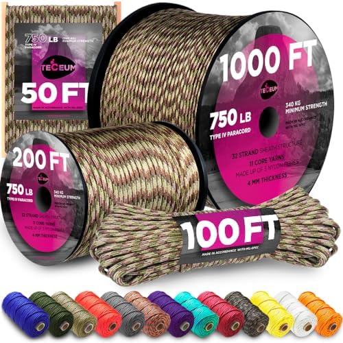 TECEUM 5/32" Paracord Rope 1000 – 1000ft / 200ft / 100ft / 50ft – Tactical Parachute Cord 4mm – 45+ Colors – Nylon String for Survival & Camping Gear – Stripe Cord for Survival – Utility Rope