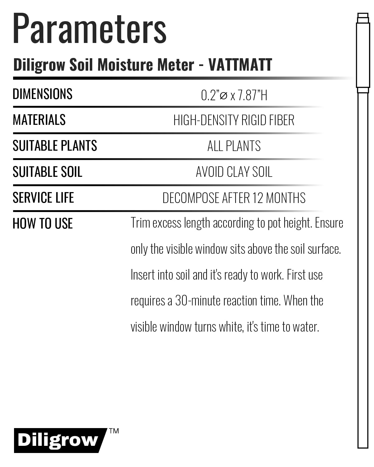 Diligrow Aquameter – Soil Moisture Meter for Succulents, General Plant, Bonsai, Gardening & Farming, Indoor & Outdoor, Beginner-Friendly (12 PCS)