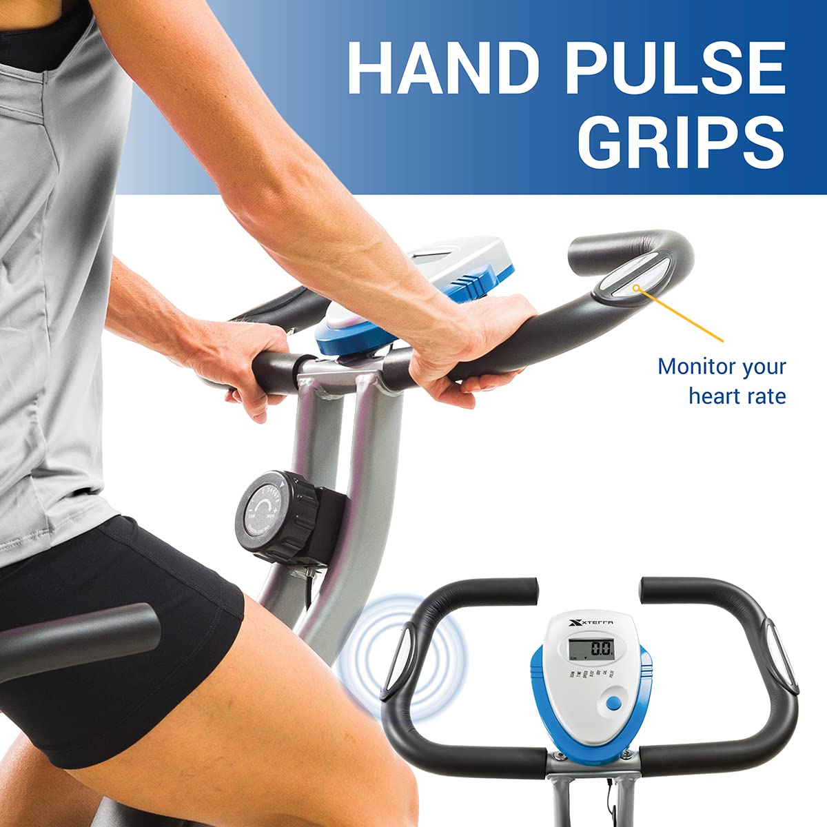 XTERRA Fitness Folding Exercise Bike, 225 LB Weight Capacity, Cordless, Battery Powered with Solid X-Frame Folding Design, Padded Seat and Handlebars, Adjustable Foot Straps, 8 Levels of Resistance