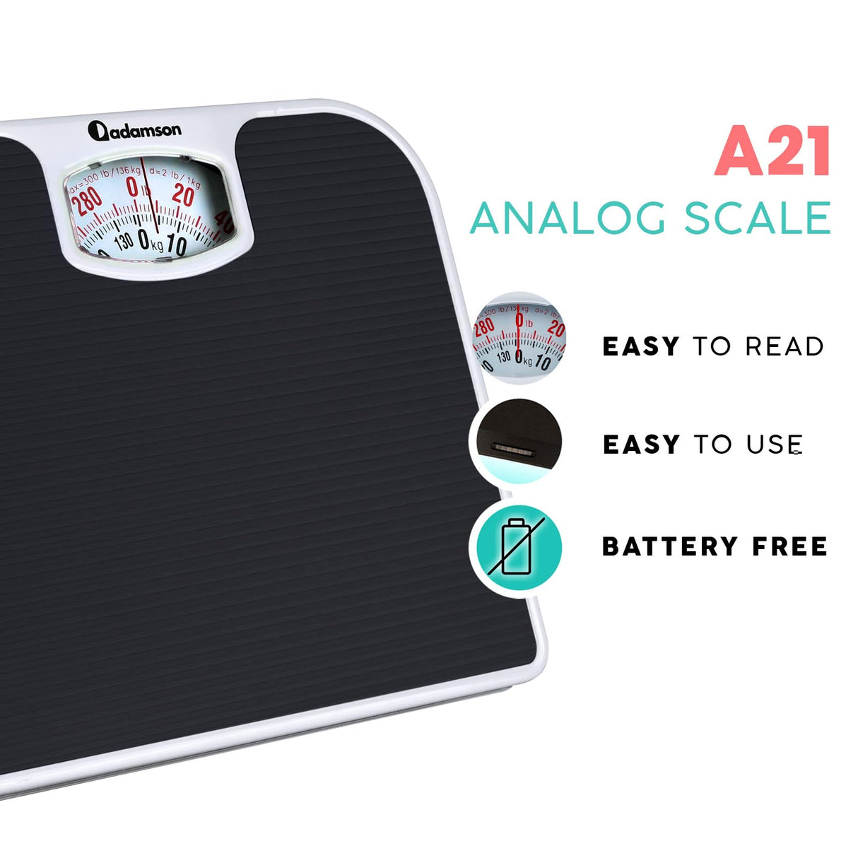 Adamson A21 Analog Scales for Body Weight - Up to 300 LB - New 2024 - Anti-Skid Rubber Surface + Large Numbers - Analog Bathroom Scale - Affordable - Durable with 20-Year Warranty - Black