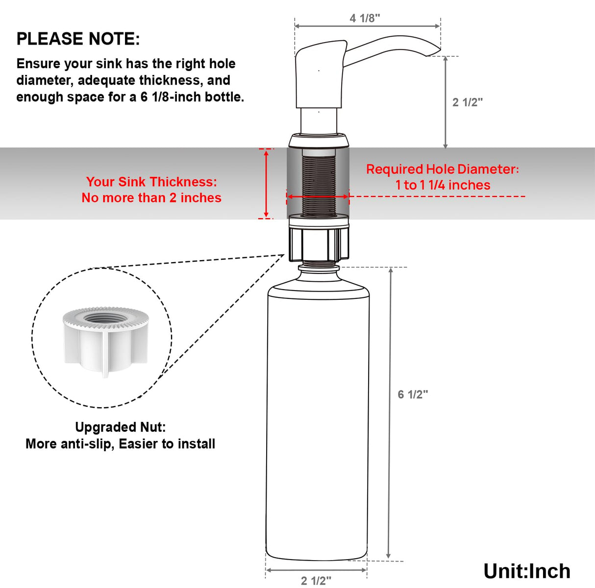 GAGALIFE Built in Sink Soap Dispenser or Lotion Dispenser for Kitchen Sink, Brushed Nickel ABS Pump Head, with 17 Ounce Large PET Soap Bottle
