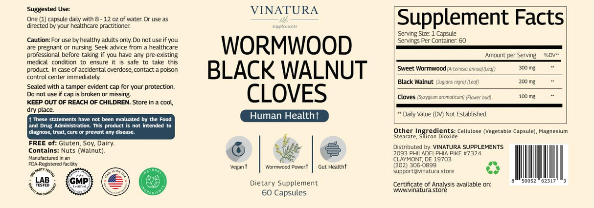 VINATURA Wormwood Black Walnut Clove Capsules - Cleanse, Detox, Intestinal Guard Formula Supplement for Humans, with Wormwood herb, Black Walnut Extract Combination, 60 Capsules