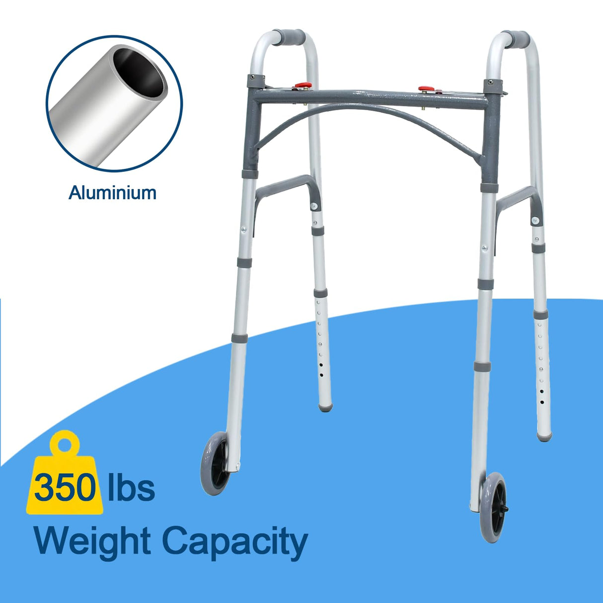 Loyoda Foldable Walker with Tray,Lightweight Folding Walker with 5" Wheels Height Adjustable Aluminum Standard Walkers for Seniors up to 350 lbs