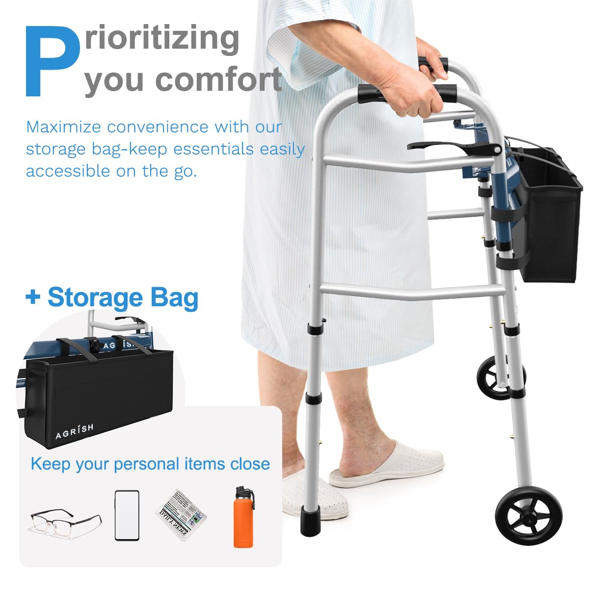 Agrish Narrow Walkers with Storage Bag - FSA/HSA Eligible Width Height Adjustable Walker, Lightweight Folding Walkers for Seniors Handicapped & Disabled, Up to 350 lbs