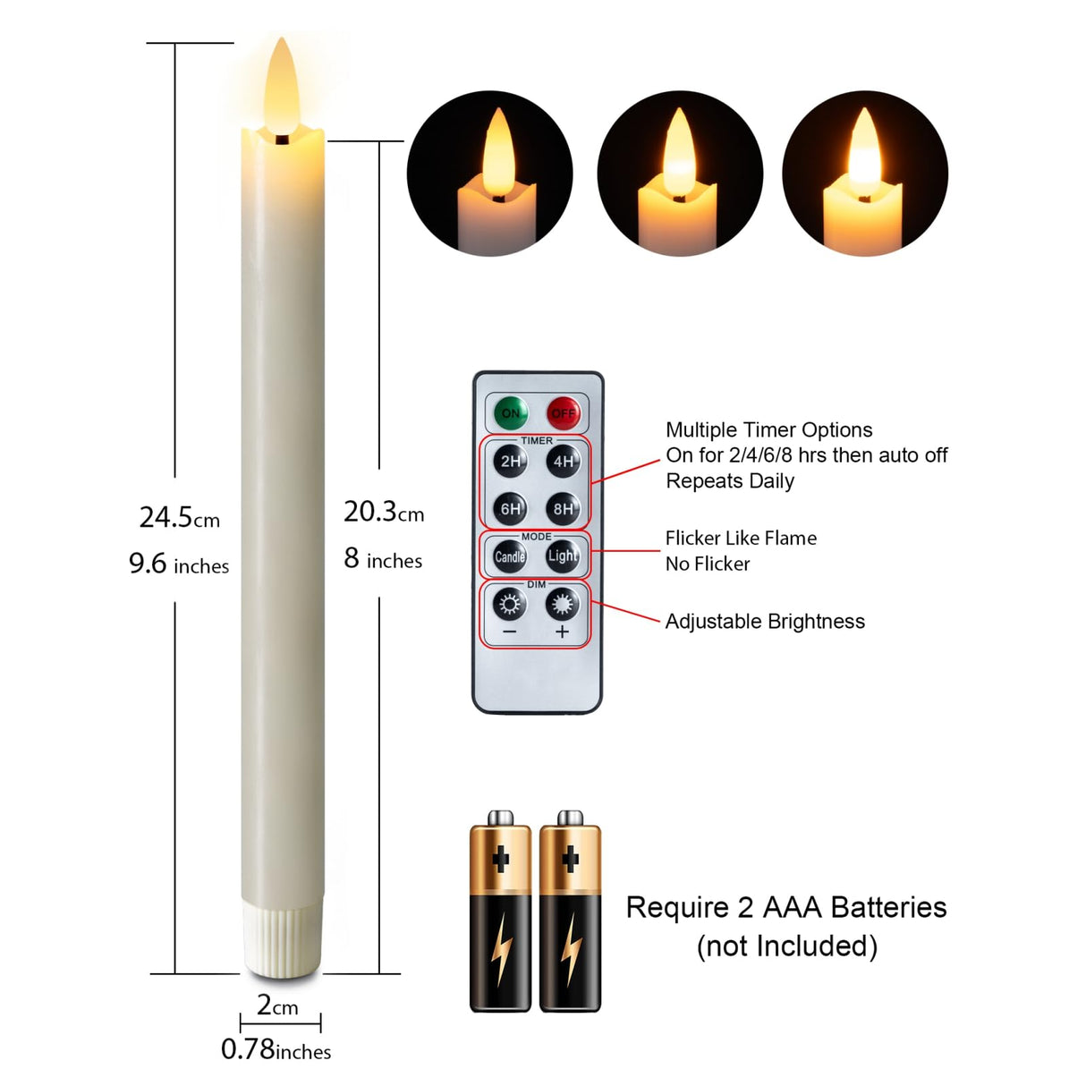 Homemory Waxy Flameless Taper Candles with Remote Timer Dimmer, LED Candlesticks Flickering, Battery Operated Window Candles, 9.6 Inches for Christmas Wedding Celebration Decor, Ivory, 6 Pcs