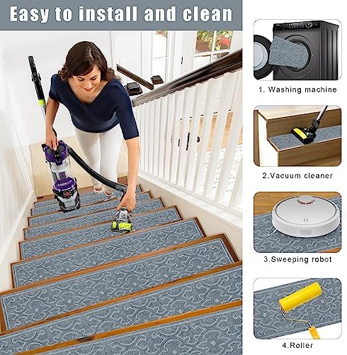 15Pcs Stair Treads for Wooden Steps Indoor with Self Adhesive, 8"x30" Non Slip Stair Runners-Peel & Stick Indoor Stair Carpet Runner, Resistant Indoor Runner for Kids、Elders and Pets, Light Gray