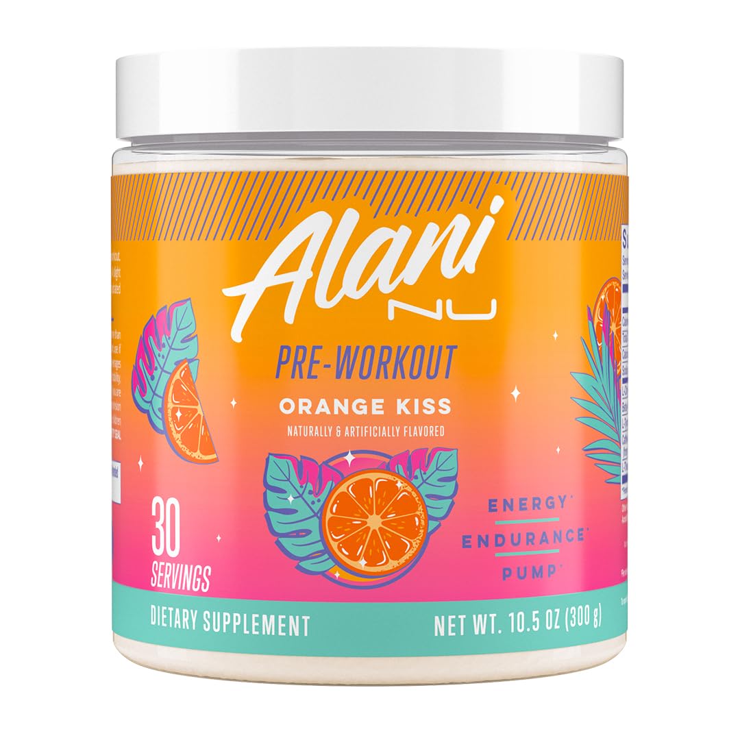 Alani Nu Pre Workout Powder Orange KISS, Amino Energy Boost, Endurance Supplement, Sugar Free, 200mg Caffeine, L-Theanine, Beta-Alanine, Citrulline, 30 Servings