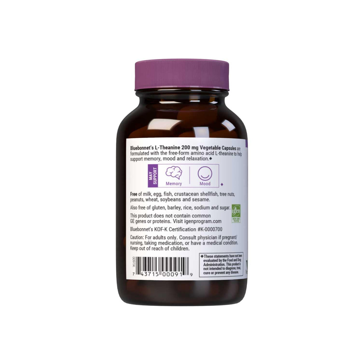Bluebonnet Nutrition L-Theanine 200mg, Free-Form Amino Acid, Promotes Relaxation*, Soy-Free, Gluten-Free, Non-GMO, Kosher Certified, Vegan, 60 Vegetable Capsules, 60 Servings