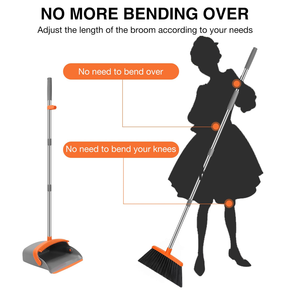 NACENA Broom and Dustpan Set, 52-in Long Adjustable Handle Broom Dustpan Combo with Dustpan Teeth to Automatically Clean Hair Suitable for Home Kitchen Office Hall Floor(Grey&Orange)