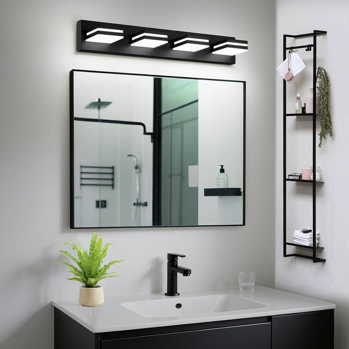 IZORRO LED Modern Bathroom Lights Fixtures(4-Light,Dimmable,360°Rotate),Matte Black Acrylic Wall Lighting,Vanity Lights for Bathroom Over Mirror - 6000k 24In (No Assembly Required)