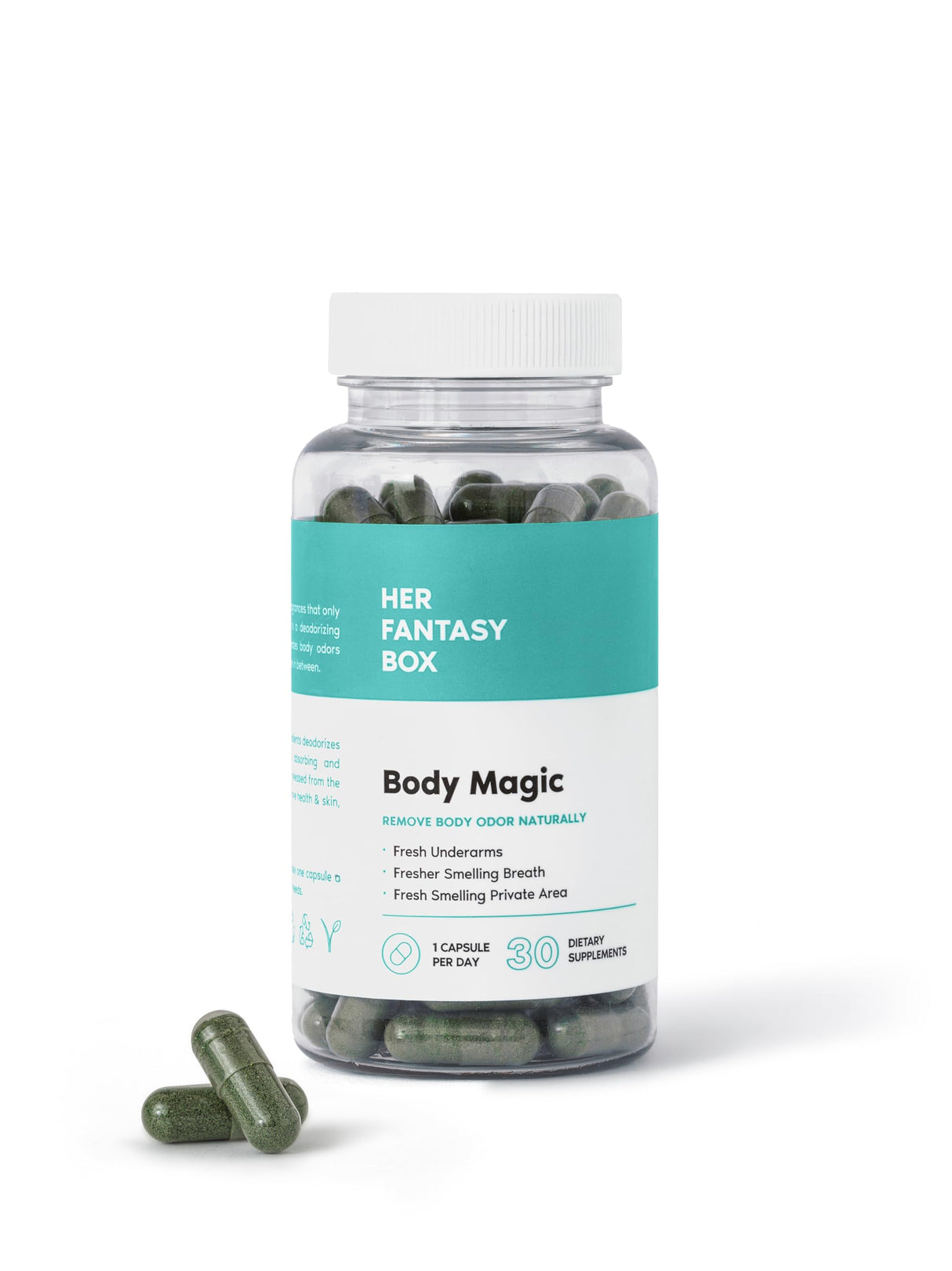Her Fantasy Box | Body Magic Chlorophyll Capsules - 30 Vegan Capsules for Detox, Digestion, Gut Health, Skin Support, and Oily Skin - Natural Energy Booster (200 mg) (100mg) (200mg)