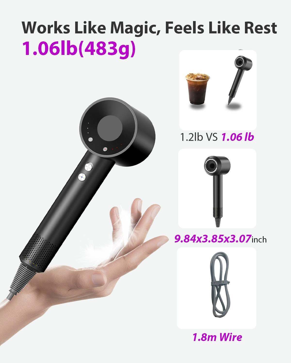 Hair Dryer with Carry Case, 160000 RPM Professional High-Speed Blow Dryer 200 Millions Negative Ionic Care Hair Dryer for Fast Drying, Low Noise Hairdryer, Travel with Magnetic Diffuser&Nozzle, Black