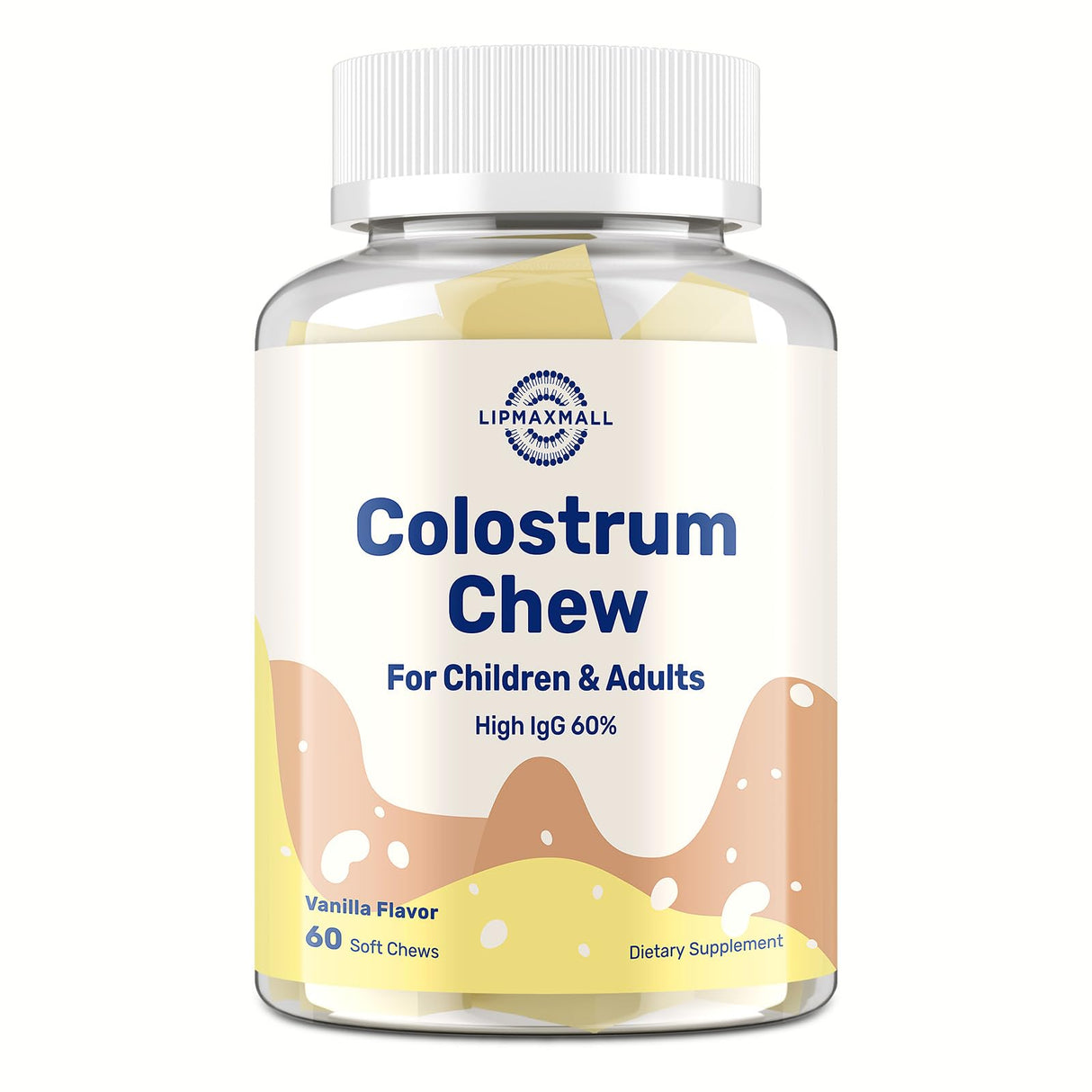 Bovine Colostrum Chews Supplement with 60% IgG for Humans Women Men Kids- for Immune, Gut, Bone, Joint, Cognitive, Overall Growth, from Grass-Fed Cows & Vanilla Flavor, 60 Soft Chews