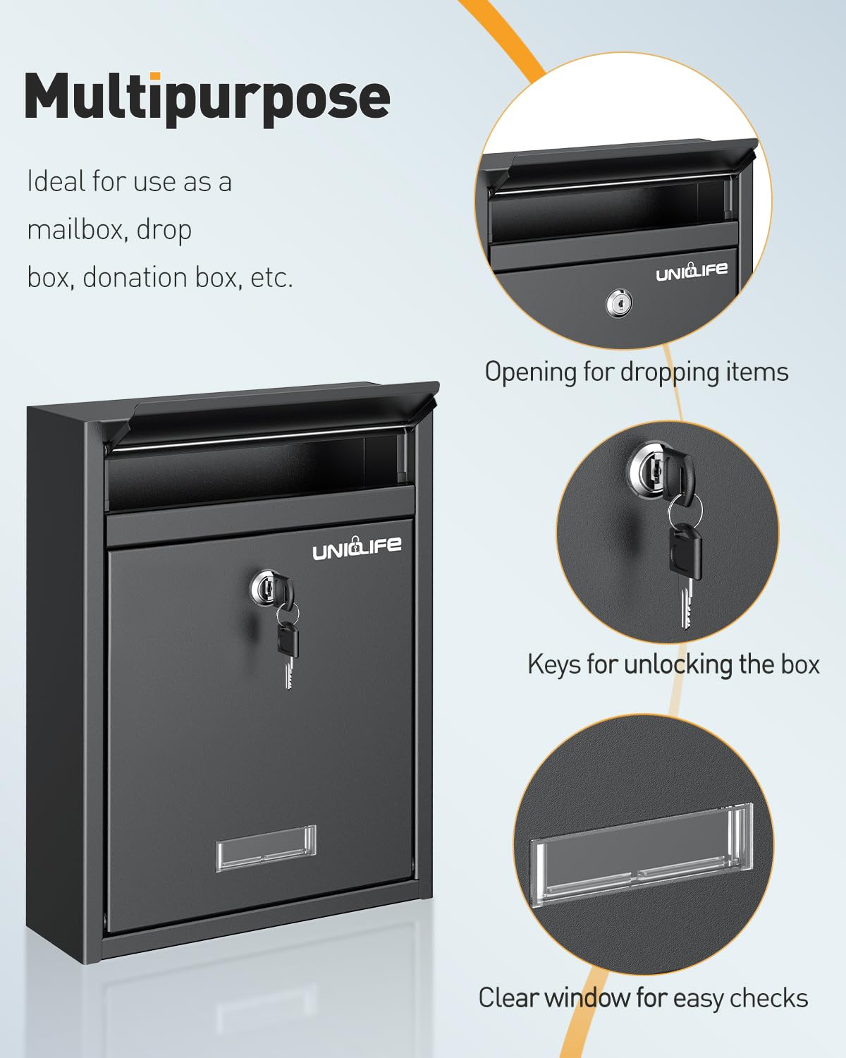 Uniclife Wall Mount Mailbox for Outside, Locking Mail Box, Large Mailbox with Key Lock, Security Mail Box for House, Safe Key Drop Box, Post Box, Steel Cash Drop Box for Home Office School, Black