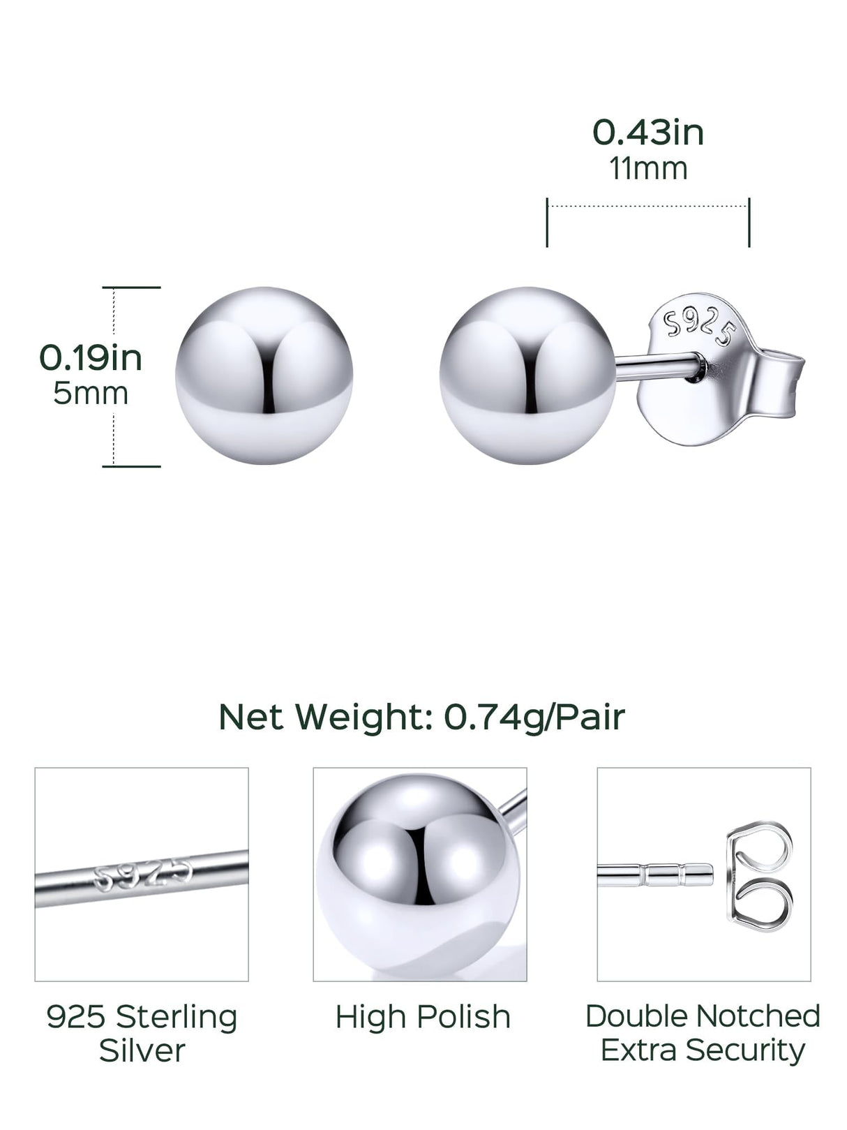 ChicSilver 925 Sterling Silver Ball Stud Earrings for Women, Hypoallergenic Silver Studs, Small Round Ball Earrings 5MM