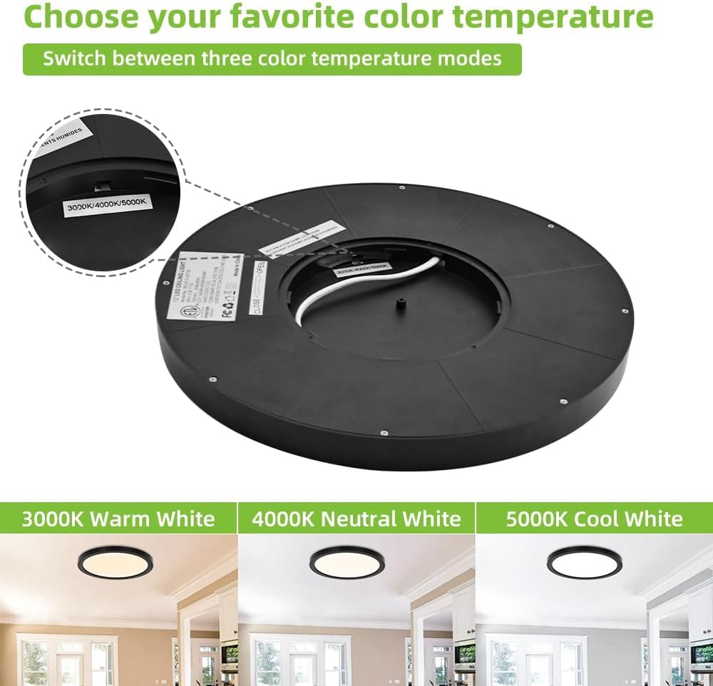 hykolity 12 Inch Selectable CCT LED Round Flat Panel Light, 24W 3000K/4000K/5000K, Edge-Lit Flush Mount Ceiling Light Fixture for Kitchen, Bedroom, Laundry and Closet Room,Black